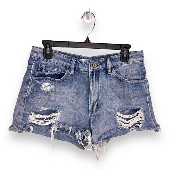 LARGE JUNIORS KANCAN BLUE DISTRESSED DENIM CUTOFF SHORTS COTTON WESTERN - Picture 1 of 10